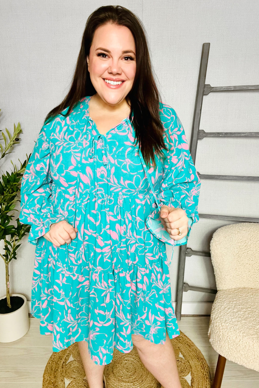 Astra® | Boho Romance Mint tiered floral print front dress with bow