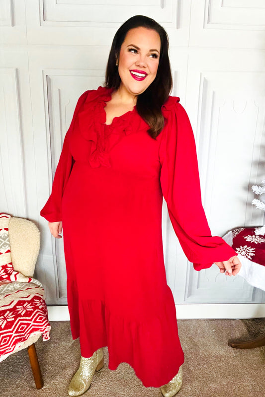 Aurelia® | Beautiful You Holiday Red midi dress with overlapping ruffles and V-neck