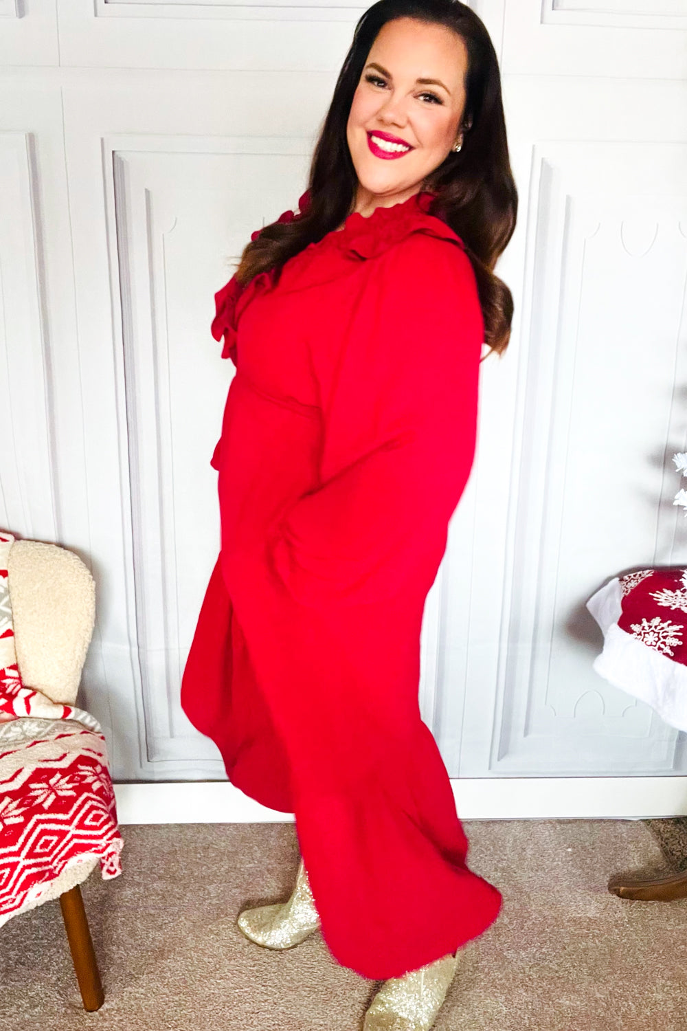 Aurelia® | Beautiful You Holiday Red midi dress with overlapping ruffles and V-neck