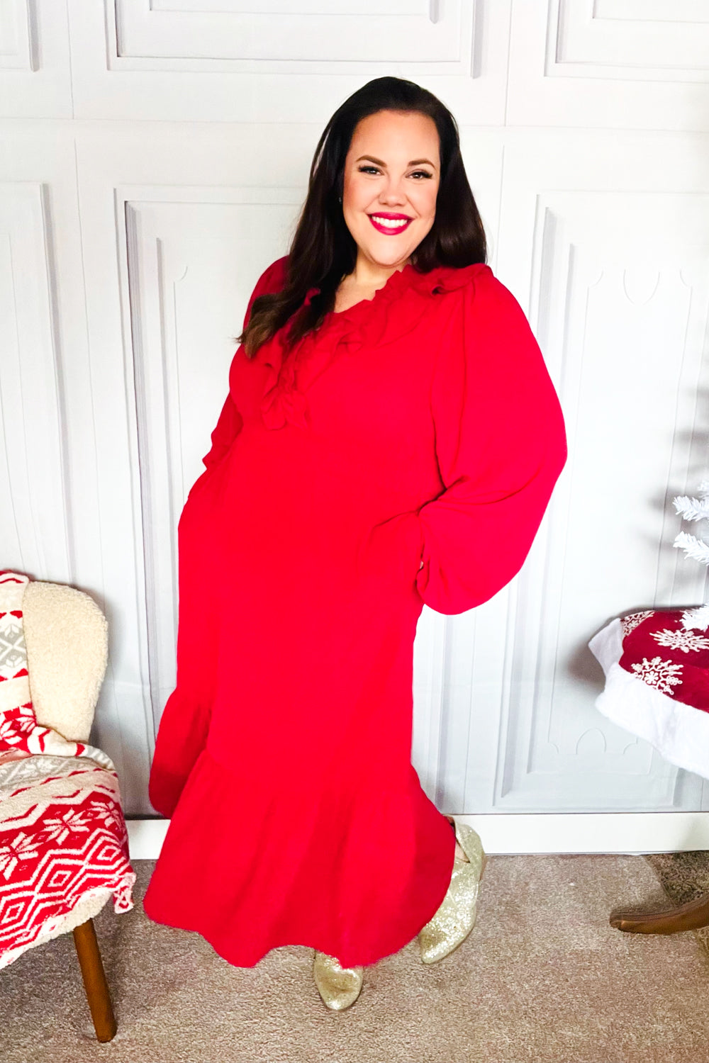 Aurelia® | Beautiful You Holiday Red midi dress with overlapping ruffles and V-neck
