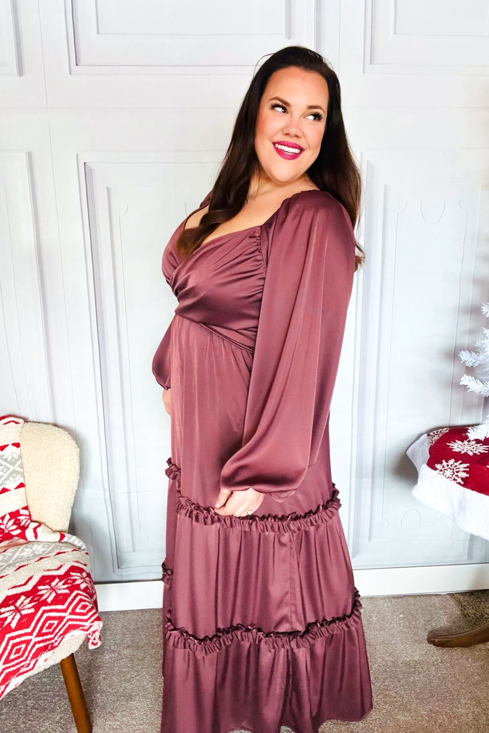 Blythe® | Holiday Vibes Burgundy satin overlap front maxi dress with smocked back