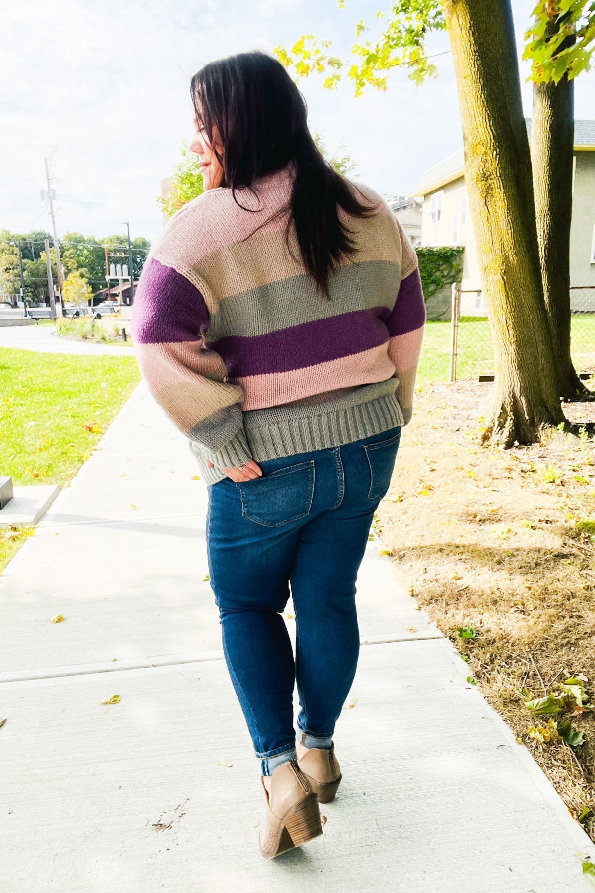 Aneta® | Fall For You mauve multicolor striped cable knit turtleneck sweater