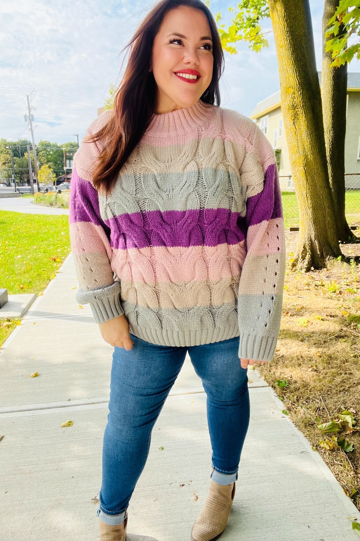 Aneta® | Fall For You mauve multicolor striped cable knit turtleneck sweater