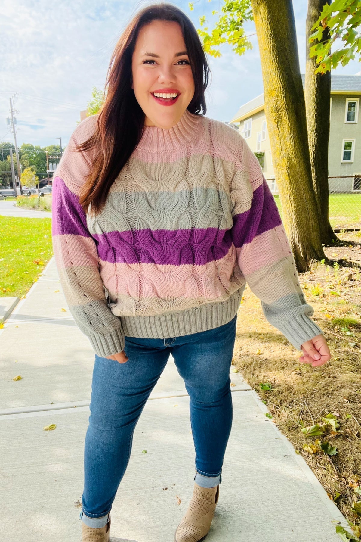 Aneta® | Fall For You mauve multicolor striped cable knit turtleneck sweater