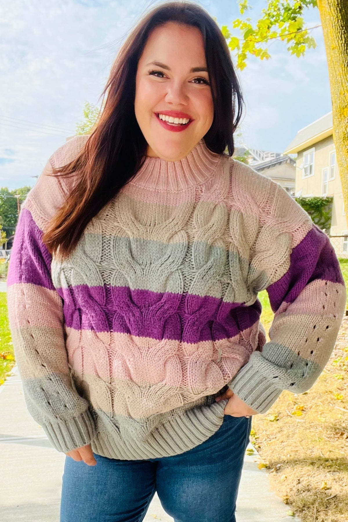Aneta® | Fall For You mauve multicolor striped cable knit turtleneck sweater