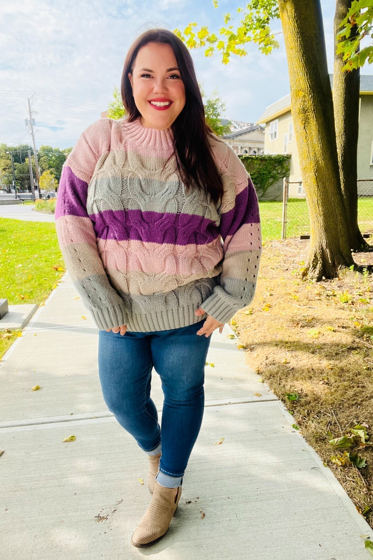 Aneta® | Fall For You mauve multicolor striped cable knit turtleneck sweater