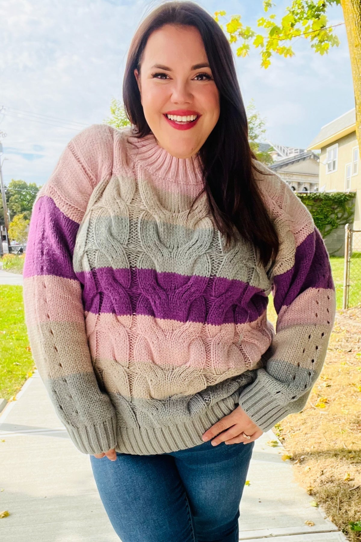 Aneta® | Fall For You mauve multicolor striped cable knit turtleneck sweater
