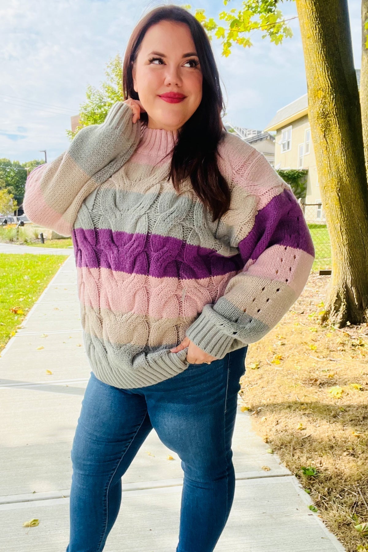 Aneta® | Fall For You mauve multicolor striped cable knit turtleneck sweater