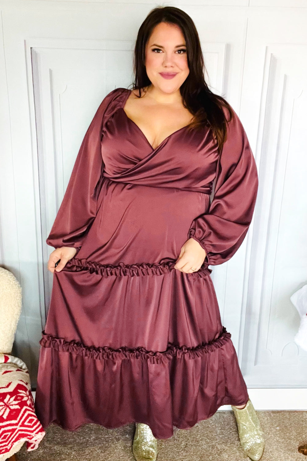 Blythe® | Holiday Vibes Burgundy satin overlap front maxi dress with smocked back