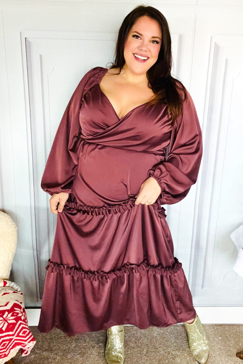 Blythe® | Holiday Vibes Burgundy satin overlap front maxi dress with smocked back