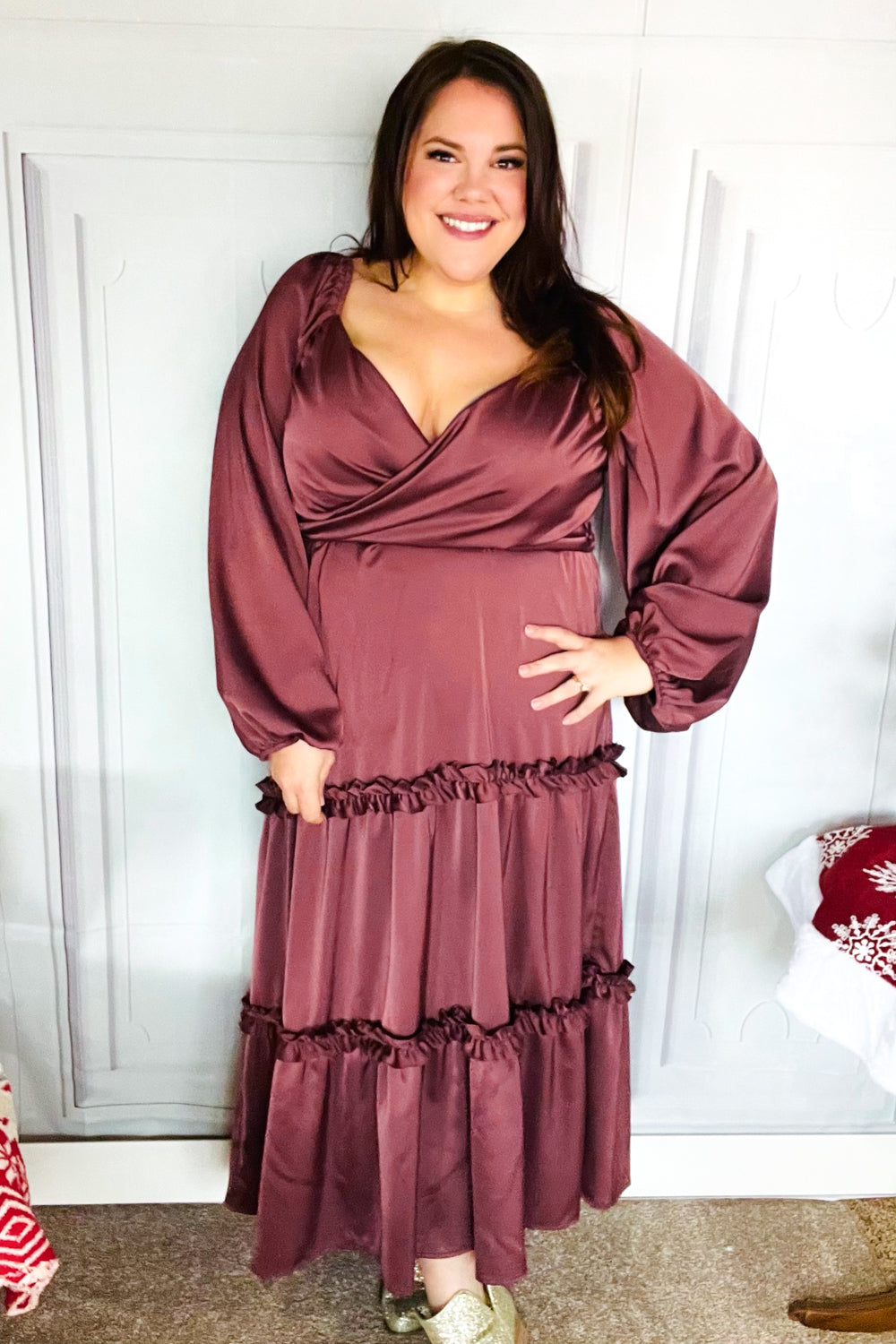 Blythe® | Holiday Vibes Burgundy satin overlap front maxi dress with smocked back