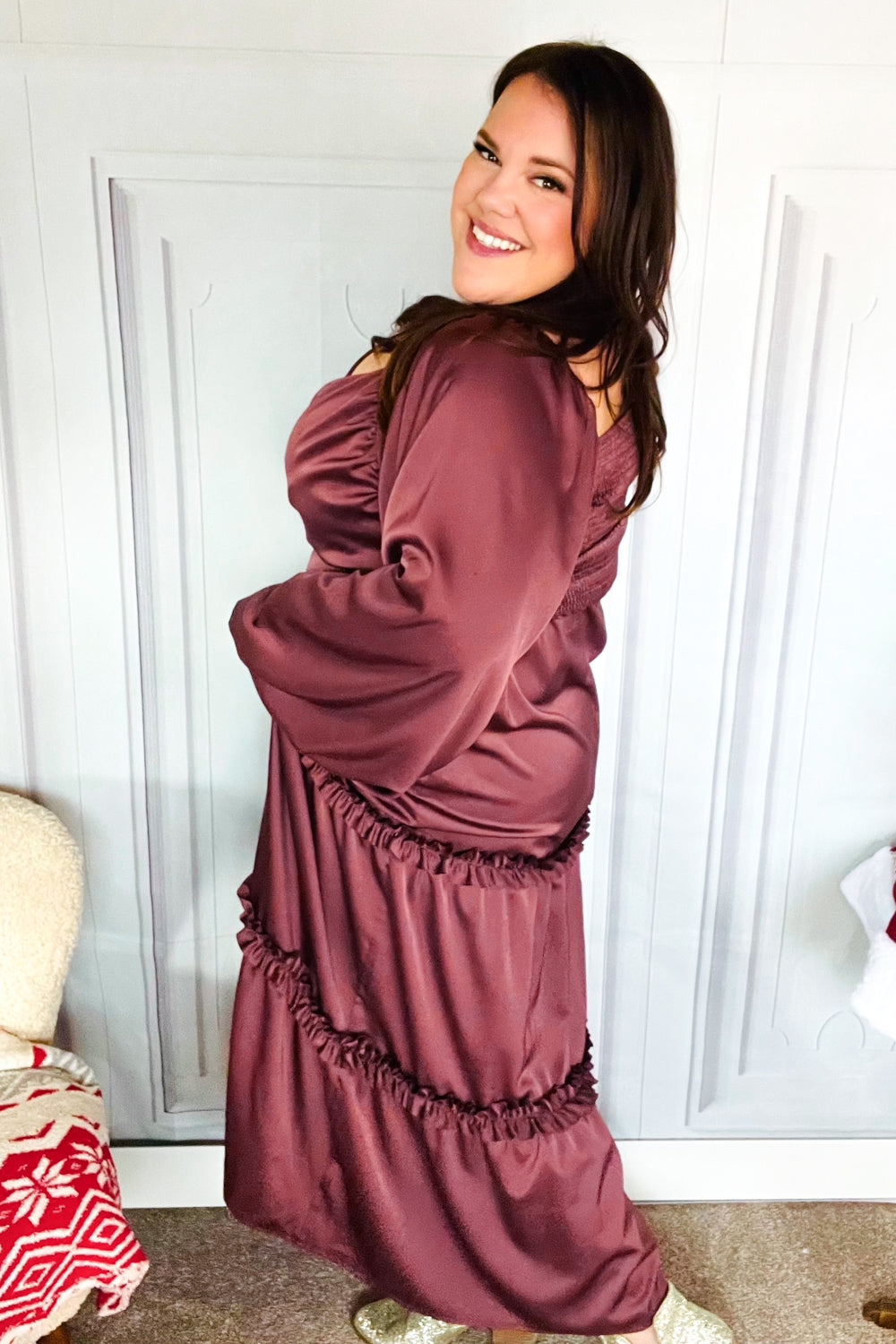 Blythe® | Holiday Vibes Burgundy satin overlap front maxi dress with smocked back