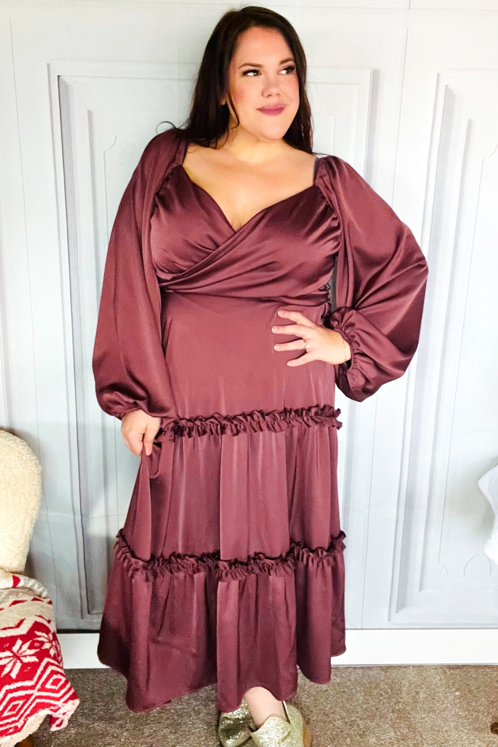 Blythe® | Holiday Vibes Burgundy satin overlap front maxi dress with smocked back