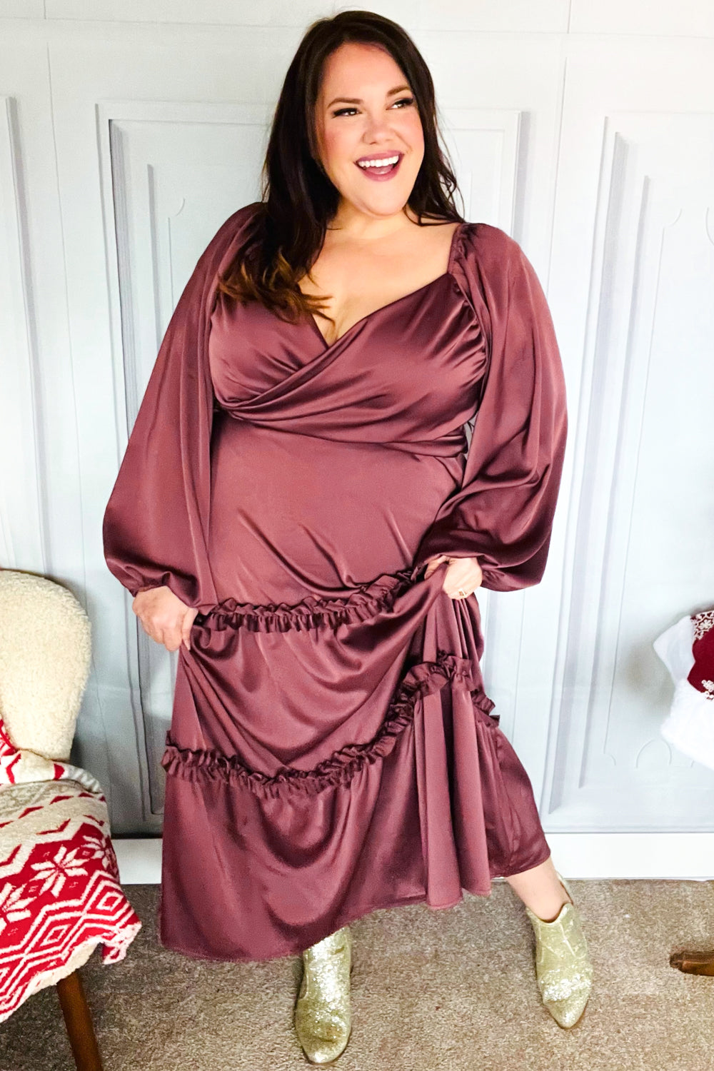 Blythe® | Holiday Vibes Burgundy satin overlap front maxi dress with smocked back