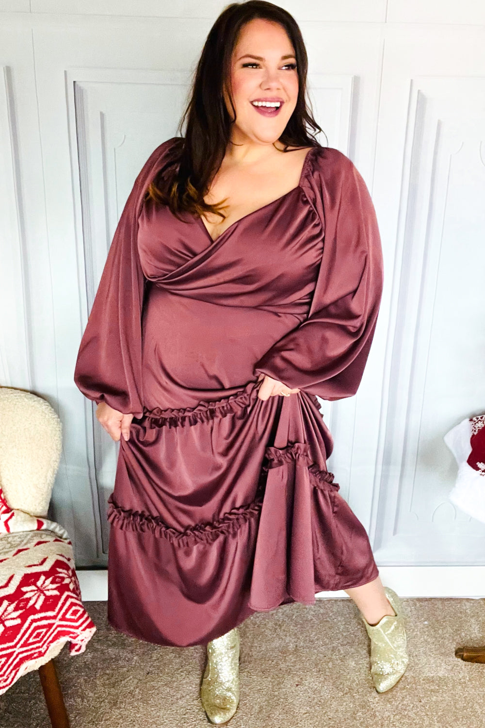 Blythe® | Holiday Vibes Burgundy satin overlap front maxi dress with smocked back