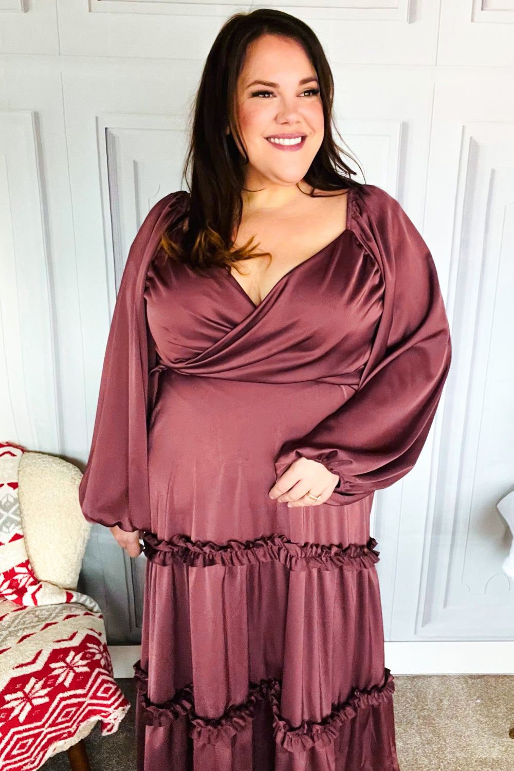 Blythe® | Holiday Vibes Burgundy satin overlap front maxi dress with smocked back
