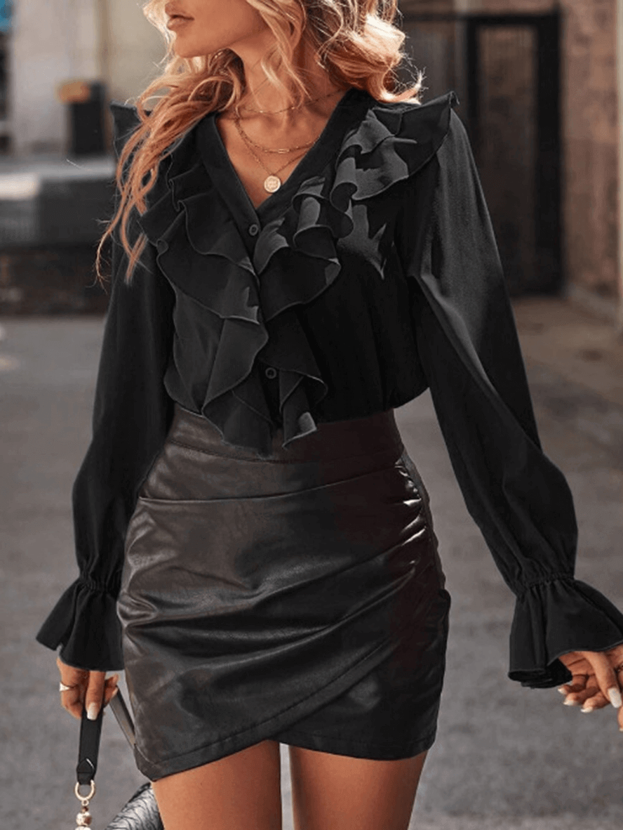 Bubb® | Ruffle Button Down Shirt V Neck Jabot Collar Flared Sleeve Long Sleeve Women Cute Elegant Fashion Blouse