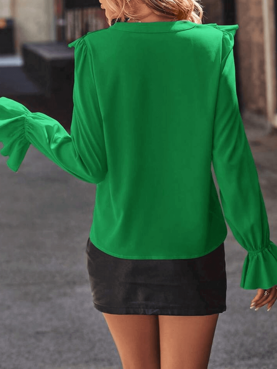 Bubb® | Ruffle Button Down Shirt V Neck Jabot Collar Flared Sleeve Long Sleeve Women Cute Elegant Fashion Blouse