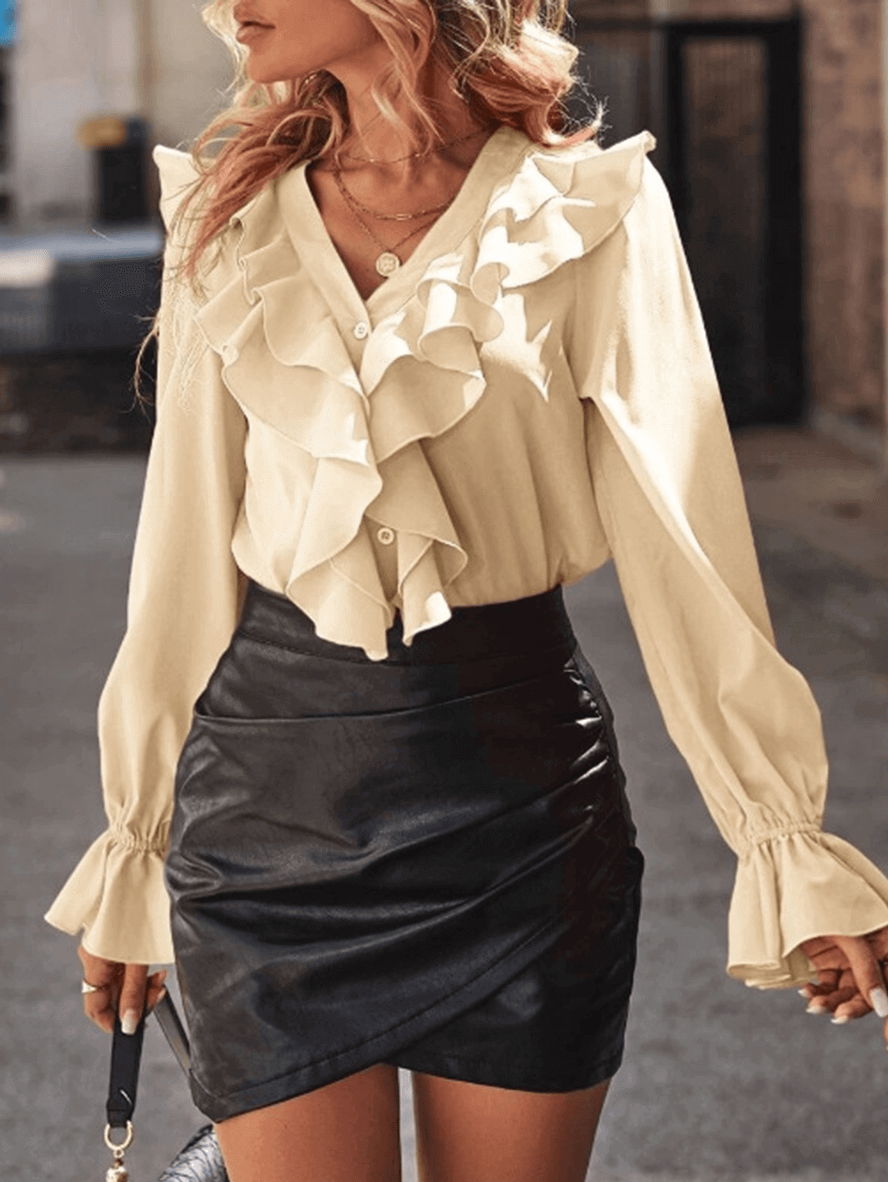 Bubb® | Ruffle Button Down Shirt V Neck Jabot Collar Flared Sleeve Long Sleeve Women Cute Elegant Fashion Blouse