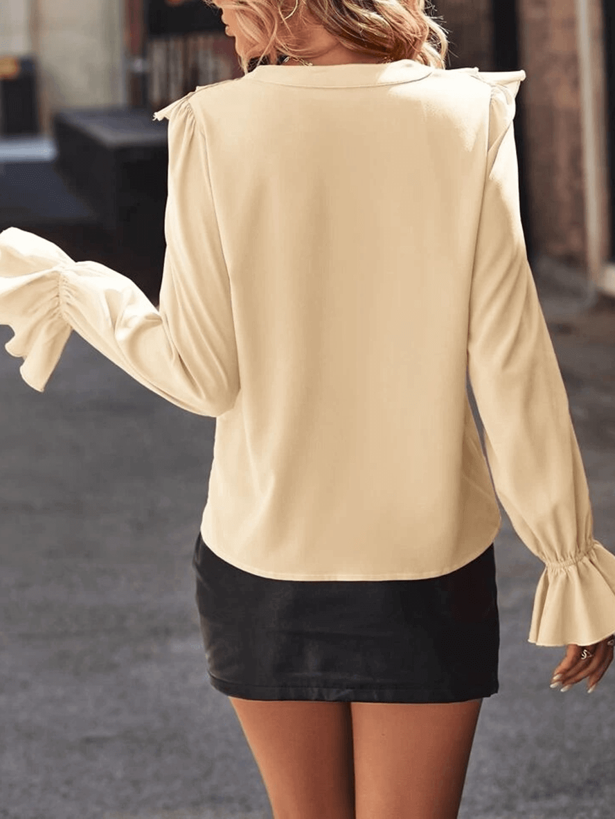 Bubb® | Ruffle Button Down Shirt V Neck Jabot Collar Flared Sleeve Long Sleeve Women Cute Elegant Fashion Blouse