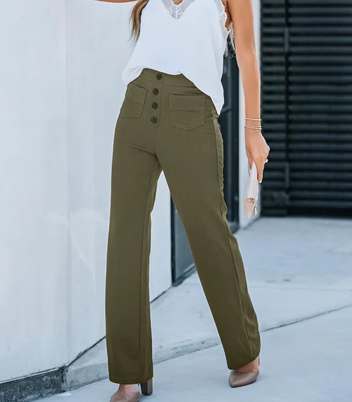 Elena® | Elasticated High Waist Trousers With Buttons
