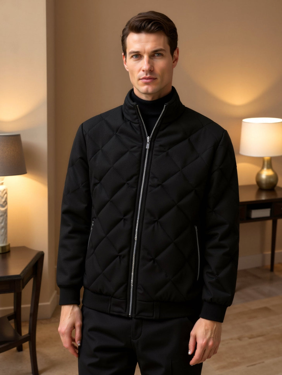 Men’s Quilted Jacket – Regular Fit – Diamond Pattern – Stand Collar – Bomber Style