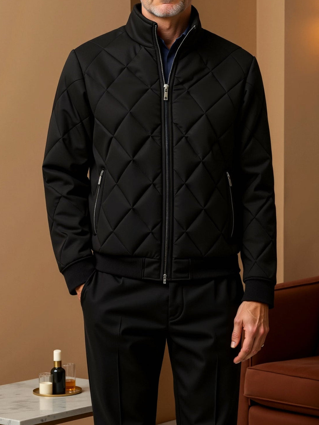 Men’s Quilted Jacket – Regular Fit – Diamond Pattern – Stand Collar – Bomber Style