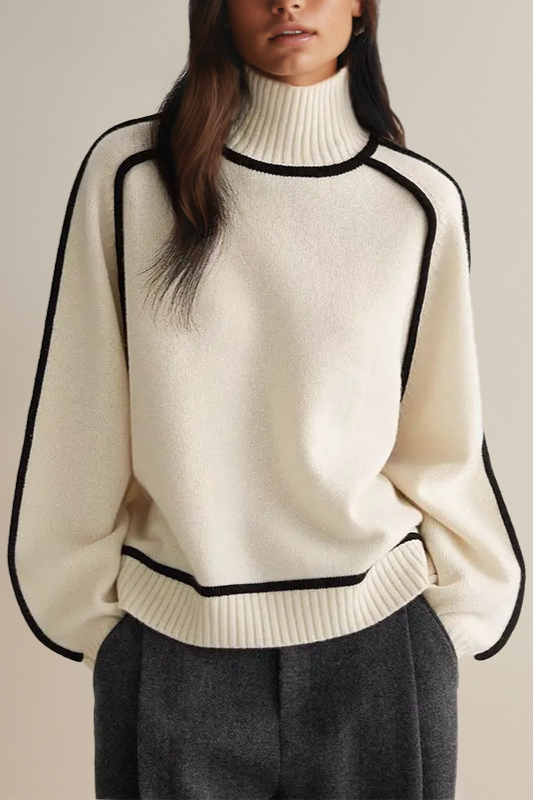 Women’s Turtleneck Top – Relaxed Fit – Soft Knit – Ribbed Trim – Contrast Seams
