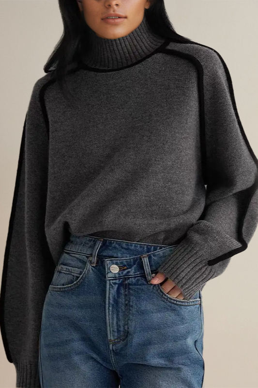 Women’s Turtleneck Top – Relaxed Fit – Soft Knit – Ribbed Trim – Contrast Seams