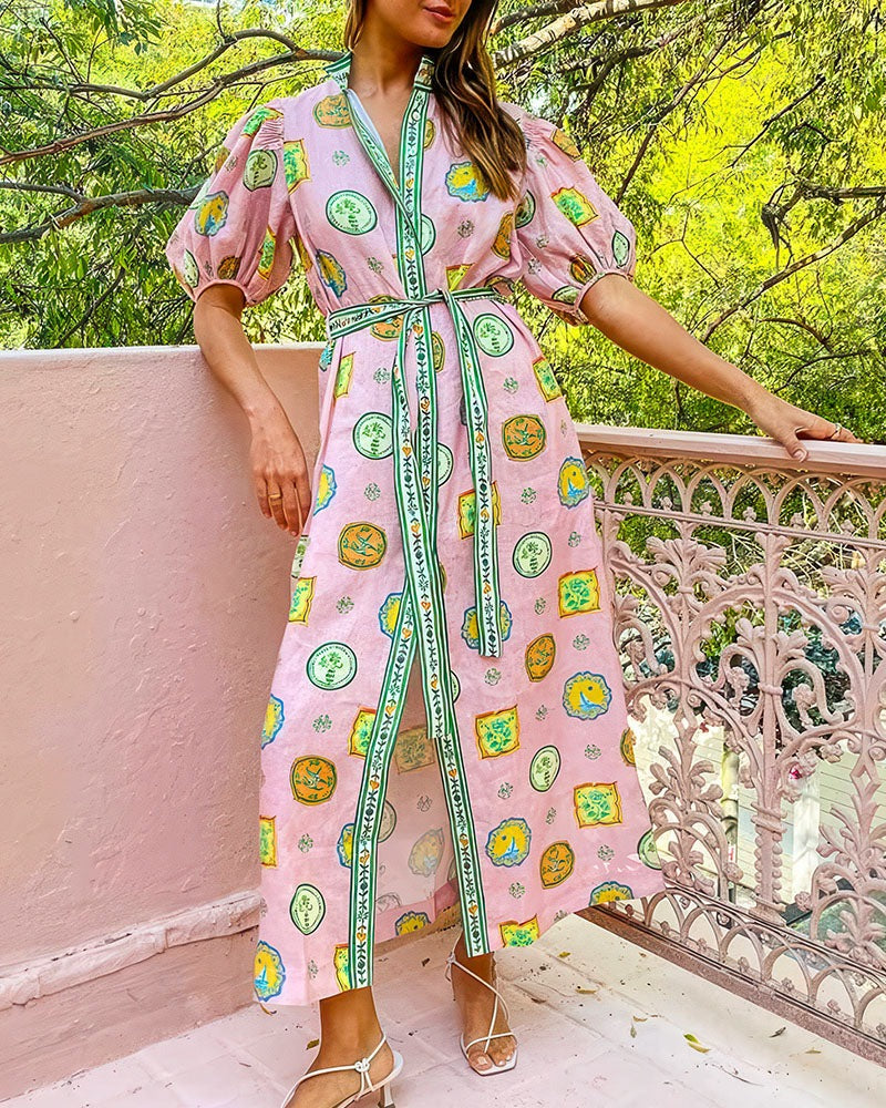 Greta | Vibrant Tropical Balloon Sleeves Maxi Dress