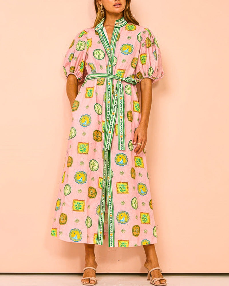 Greta | Vibrant Tropical Balloon Sleeves Maxi Dress