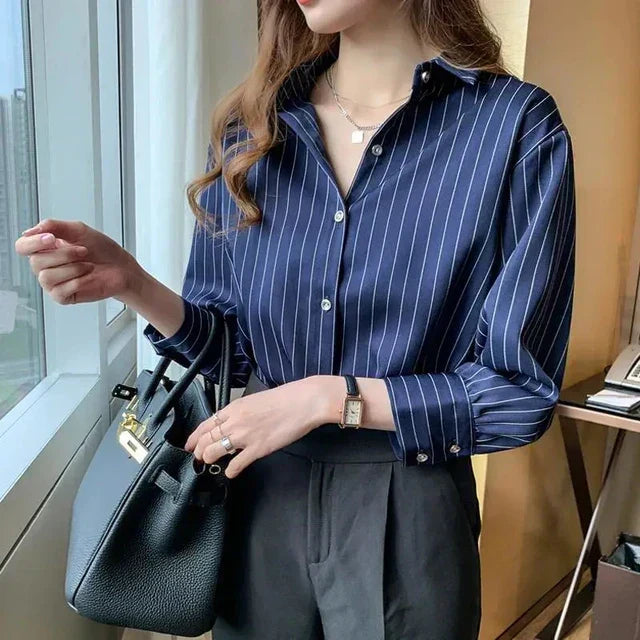 Brita® | Blue Striped Polo Collar Cardigan Blouse For Women