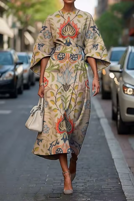 Women’s Midi Dress – A-Line Fit – Satin Finish – Geometric Print – Elbow Sleeve