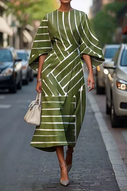 Women’s Midi Dress – A-Line Fit – Satin Finish – Geometric Print – Elbow Sleeve