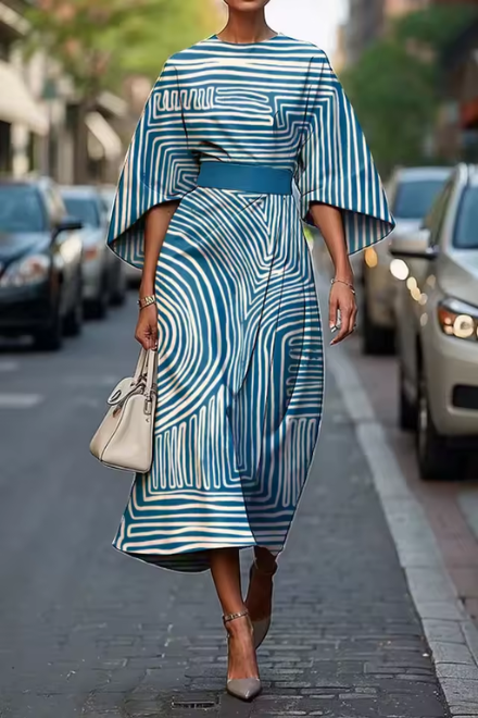 Women’s Midi Dress – A-Line Fit – Satin Finish – Geometric Print – Elbow Sleeve