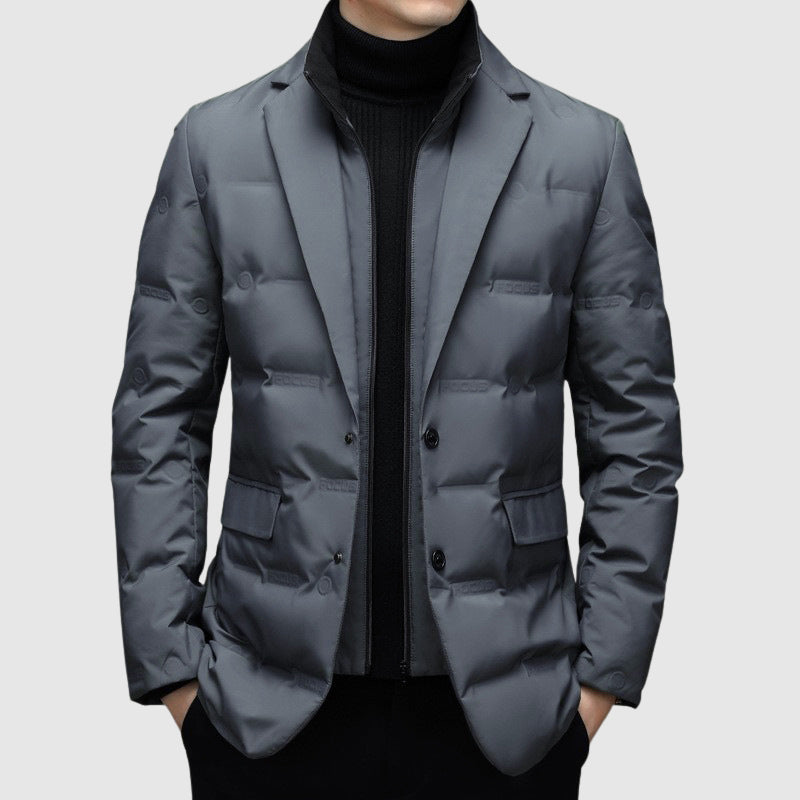 Men’s Padded Jacket – Slim Fit – Quilted Blazer Style – Hip Length – Lapel Collar
