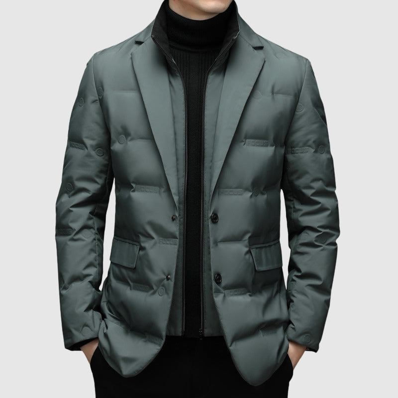 Men’s Padded Jacket – Slim Fit – Quilted Blazer Style – Hip Length – Lapel Collar