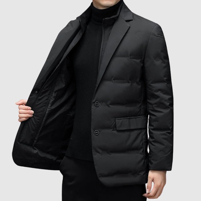 Men’s Padded Jacket – Slim Fit – Quilted Blazer Style – Hip Length – Lapel Collar