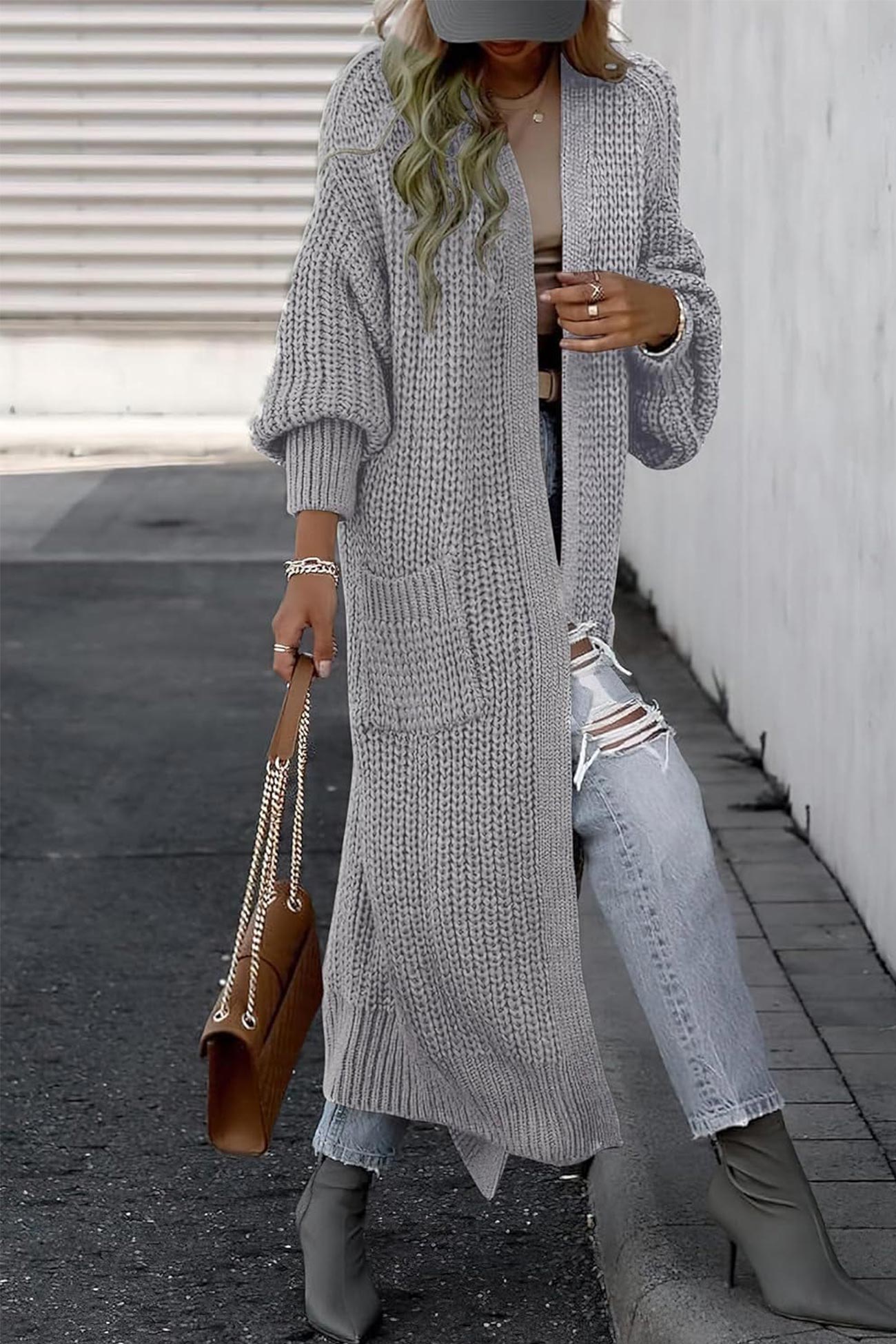 Claudia® | Lantern Sleeve Front With Pockets Long Cardigan