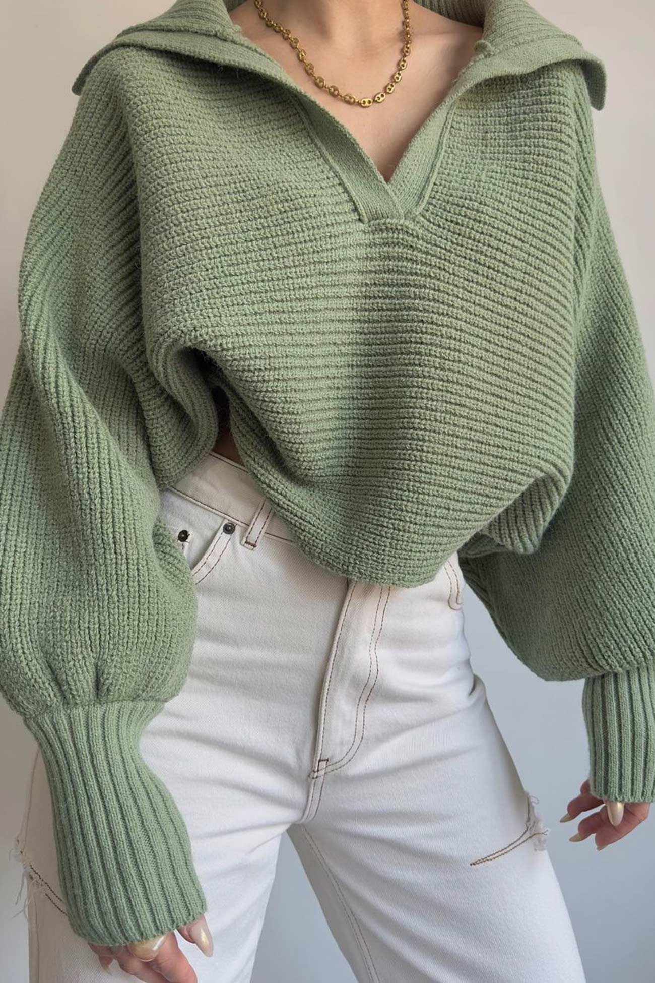 Amelia® | Lapel V Neck Puff Sleeve Sweater