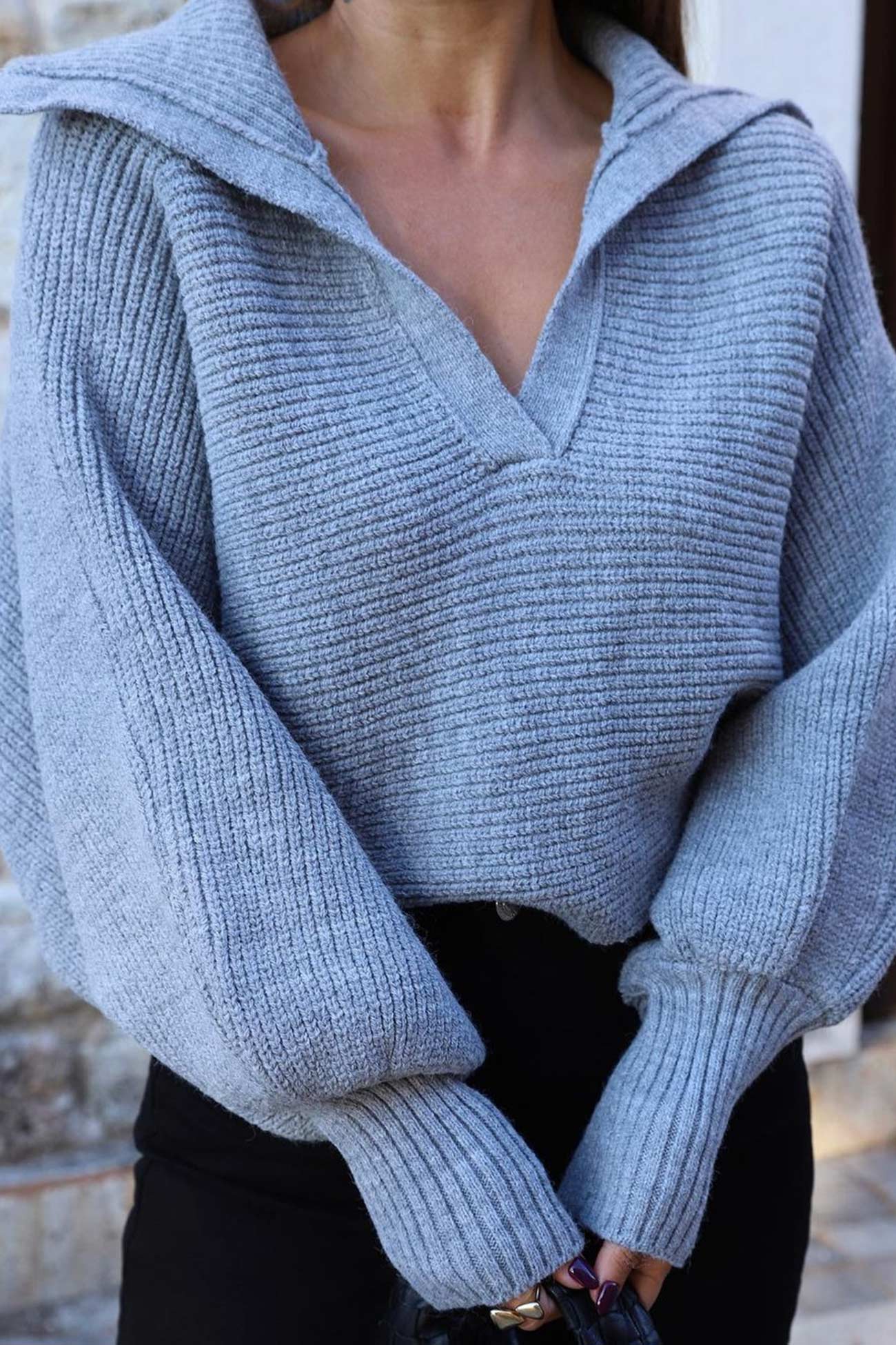 Amelia® | Lapel V Neck Puff Sleeve Sweater