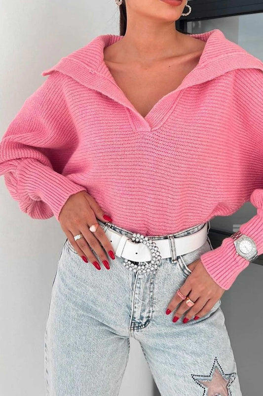 Amelia® | Lapel V Neck Puff Sleeve Sweater