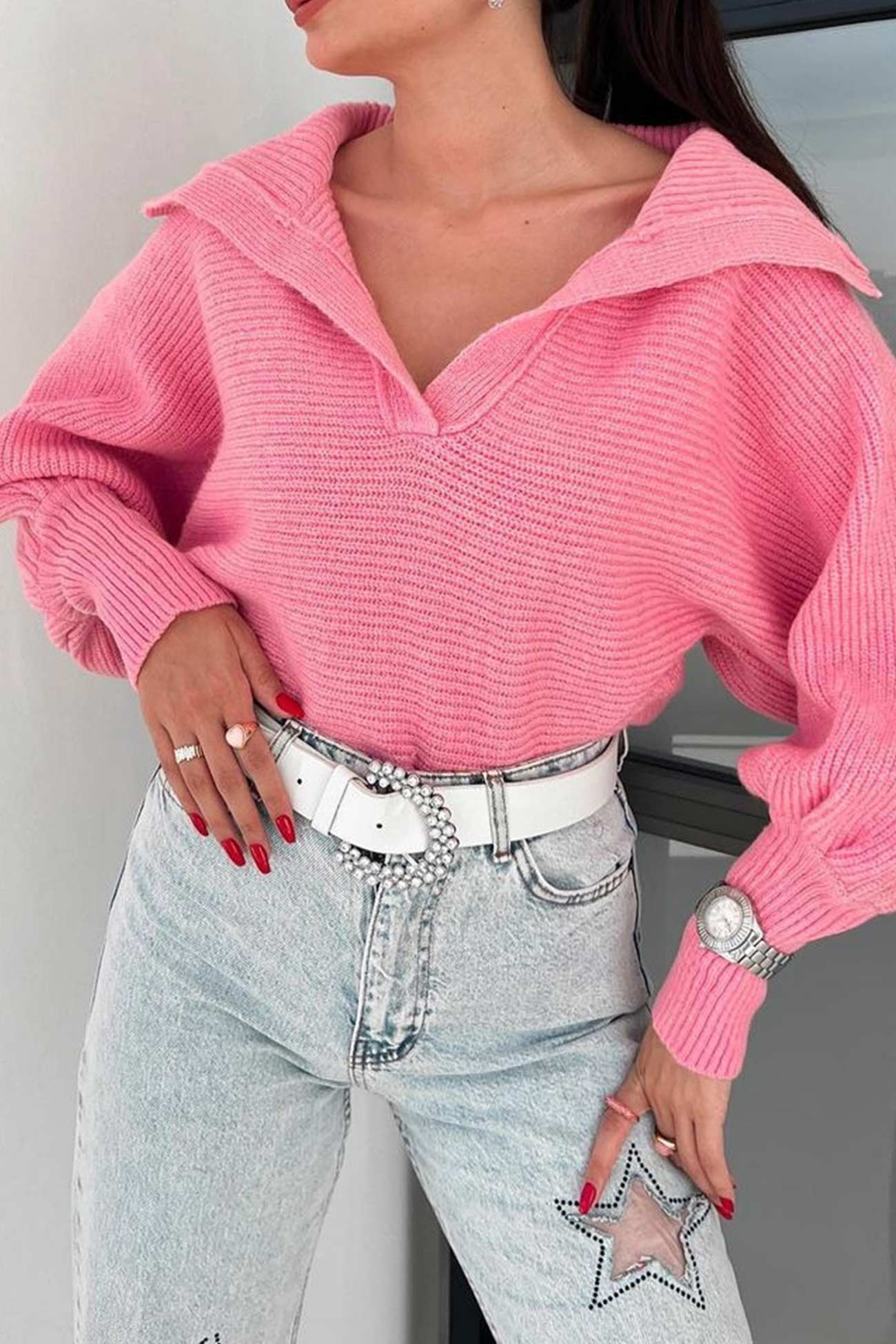Amelia® | Lapel V Neck Puff Sleeve Sweater