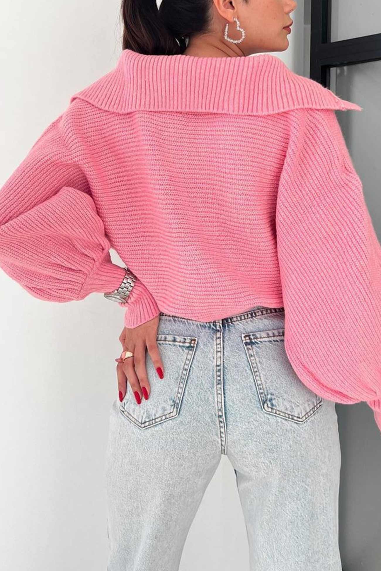 Amelia® | Lapel V Neck Puff Sleeve Sweater