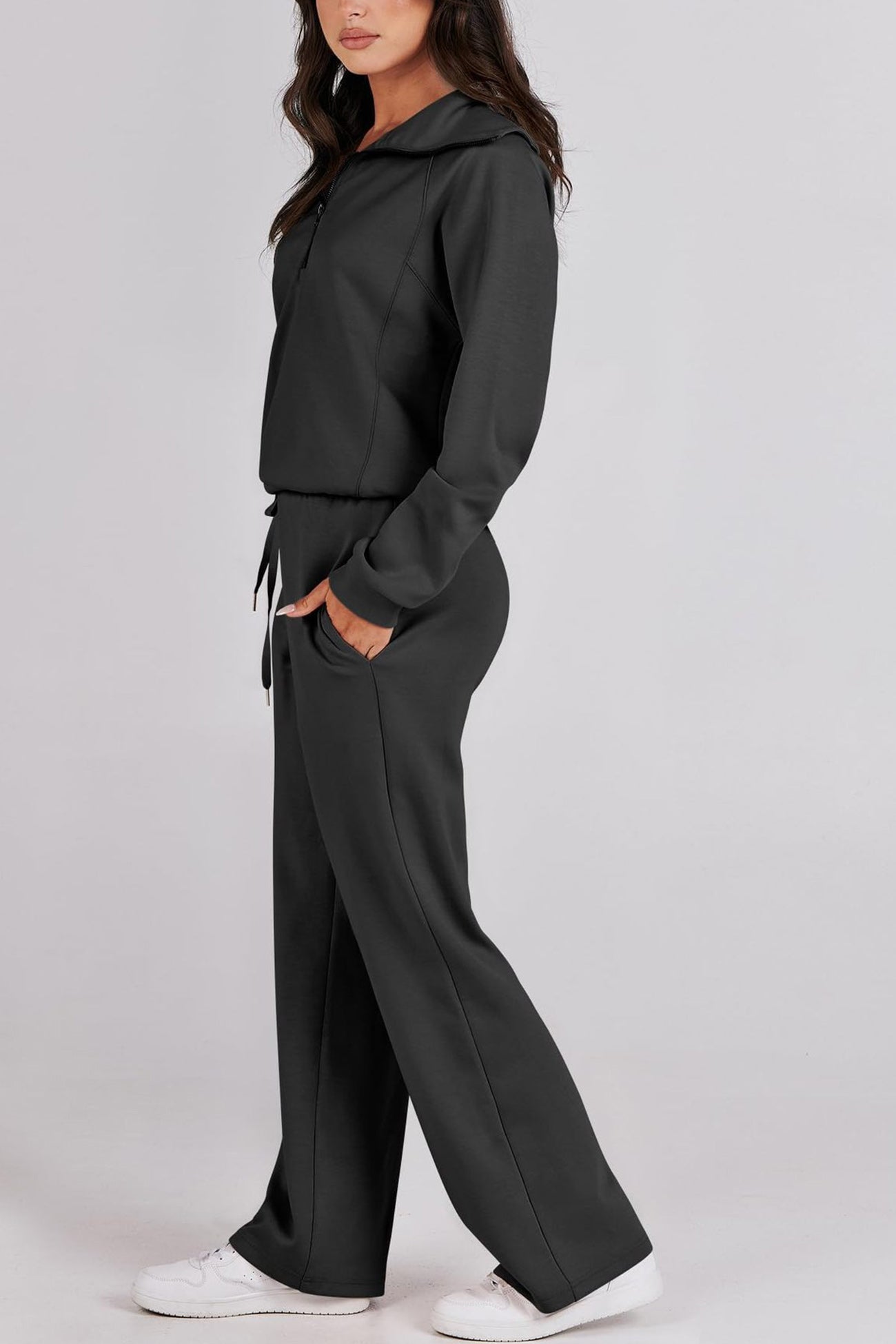 Doris® | Wide leg long pants set with lapel zip sweatshirt