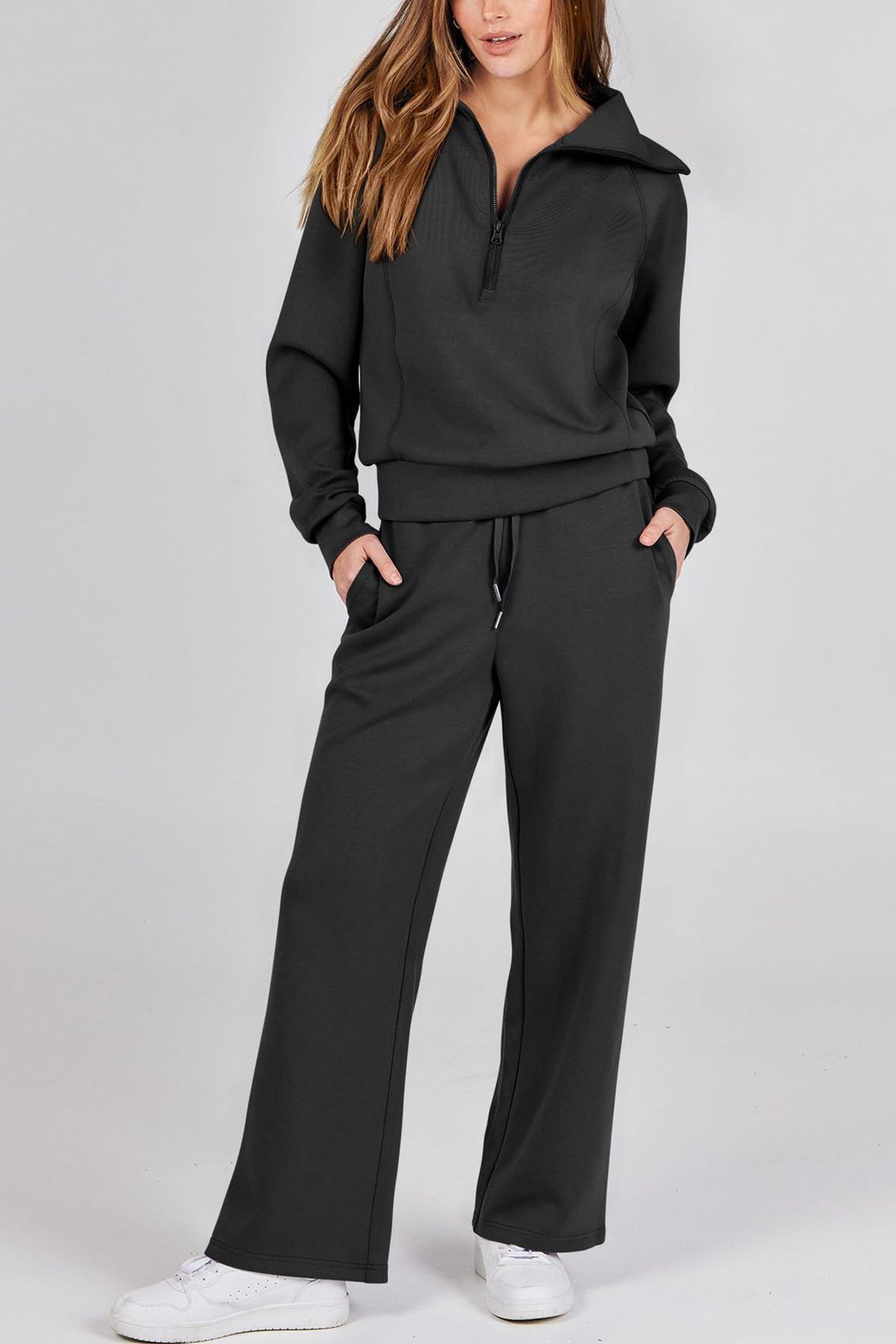 Doris® | Wide leg long pants set with lapel zip sweatshirt