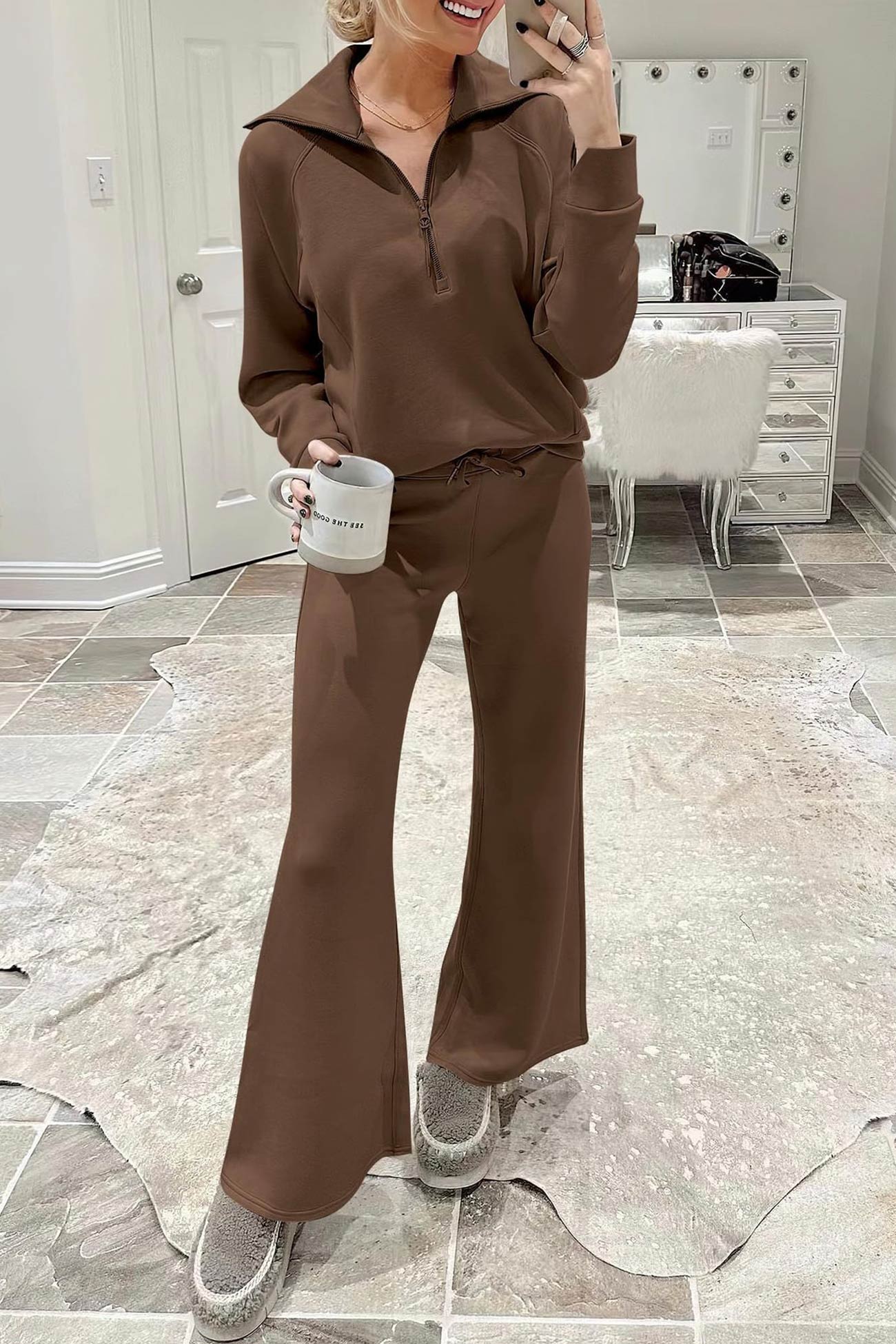Doris® | Wide leg long pants set with lapel zip sweatshirt