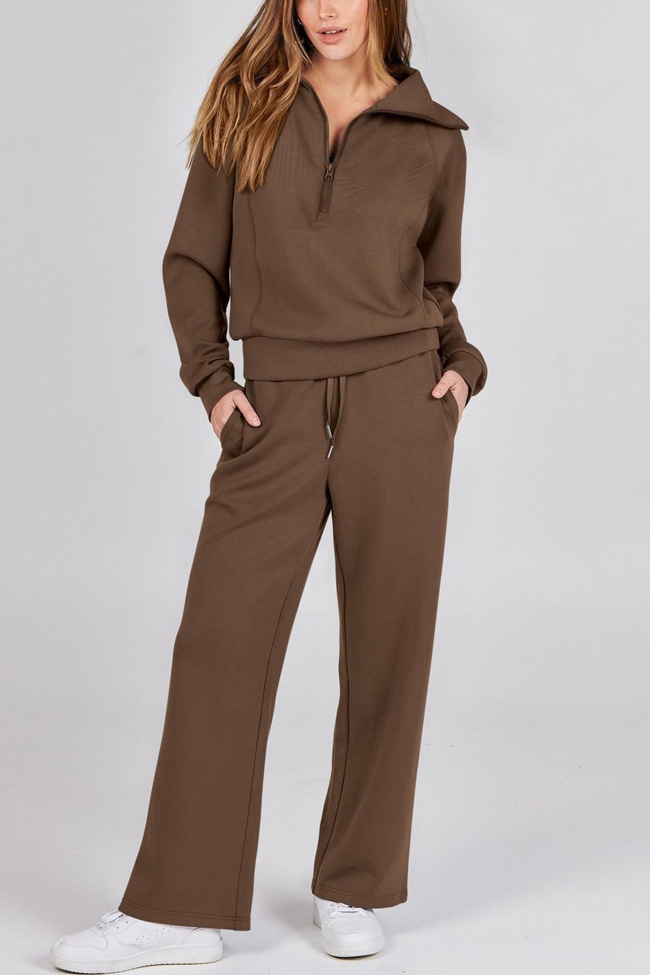 Doris® | Wide leg long pants set with lapel zip sweatshirt