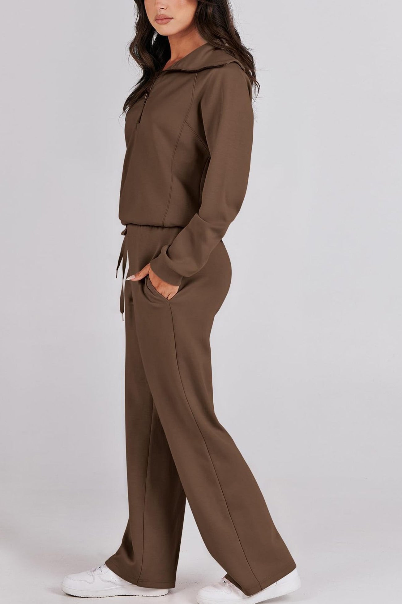 Doris® | Wide leg long pants set with lapel zip sweatshirt