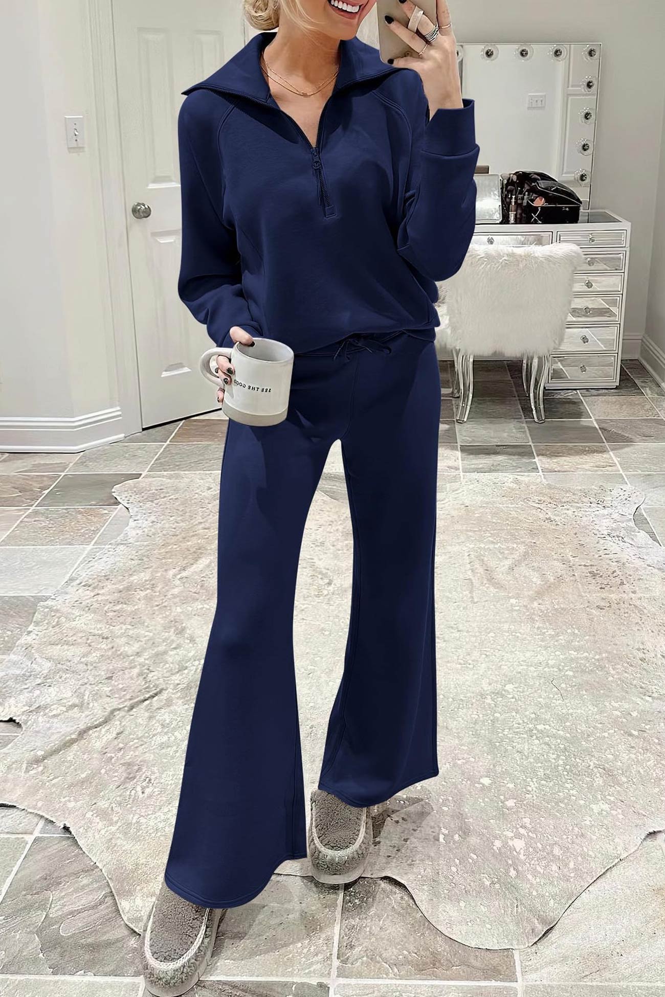 Doris® | Wide leg long pants set with lapel zip sweatshirt